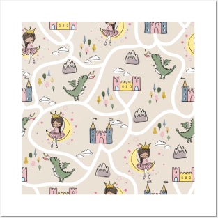 Childish seamless pattern with princess and dragon beige background Posters and Art